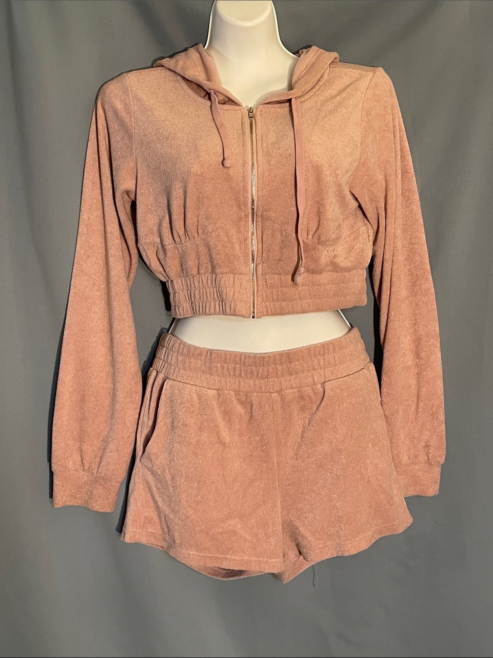 Cropped Hooded Zip Jacket & Shorts Set - Dusty Rose